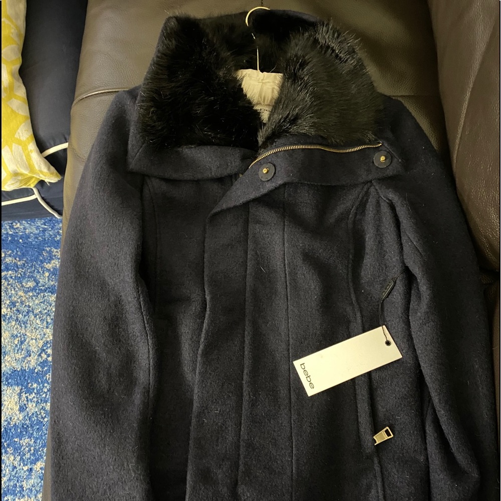 Navy blue Bebe coat with fur collar